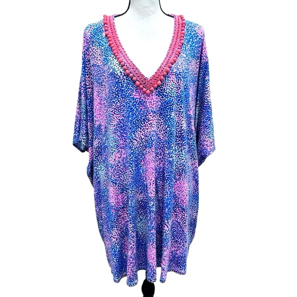 NANETTE LEPORE FLORAL BEADED BLUE & PINK OVERSIZED COVERUP - Picture 1 of 13